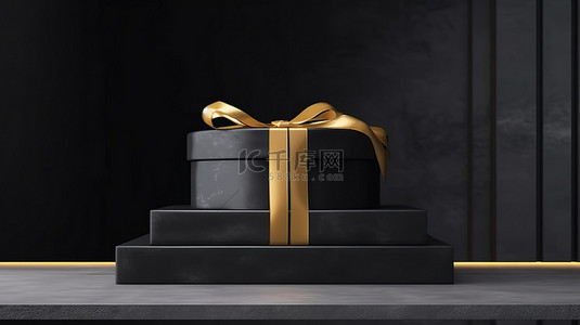 黑色基座的 3D 渲染，展示带金丝带的礼品盒