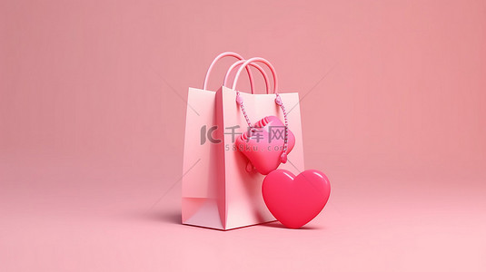 简约的情人节销售粉色购物袋的 3D 渲染，心形漂浮在柔和的背景上