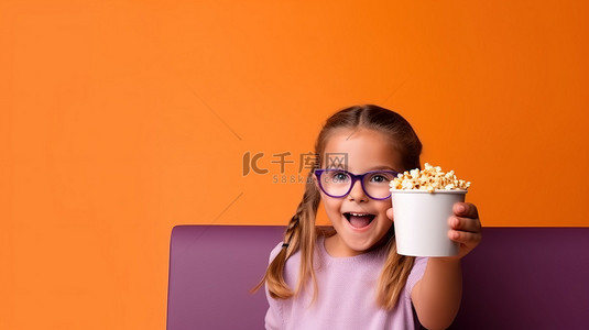 女孩子背景图片_一个戴着 3D 眼镜和爆米花桶的孩子靠着紫色隔离墙摆姿势，指向相机外