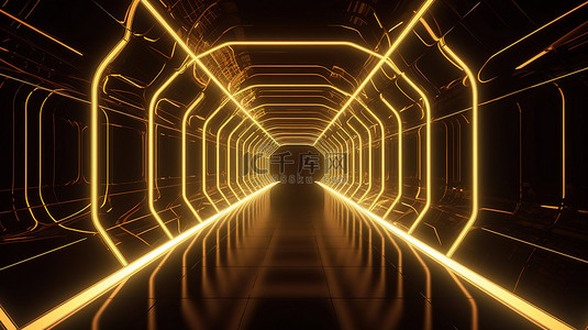 粒子光圈背景图片_发光的金色 3d 渲染中的未来主义霓虹灯隧道
