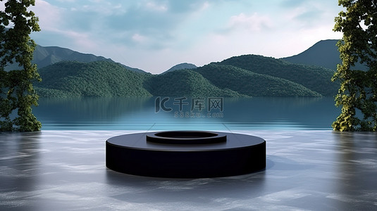 抽象景观背景与湖池上黑色水磨石讲台的 3D 渲染
