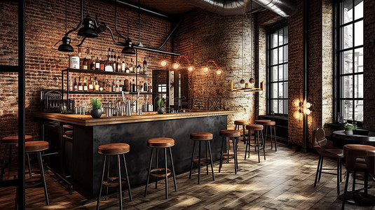 厨房酒吧背景图片_阁楼风格的酒吧令人惊叹的 3D 室内设计