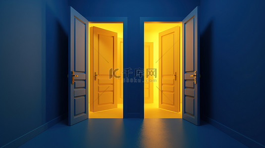 蓝色背景上的蓝色门，中间 3D 渲染中带有醒目的黄色光门