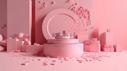 粉红色讲台 3d 渲染的折扣销售庆祝活动，配有五彩纸屑礼品和闹钟，用于产品展示