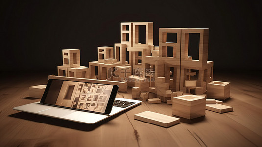 响应式网站构建器在带有独立设备 3D 渲染的木制立方体上展示