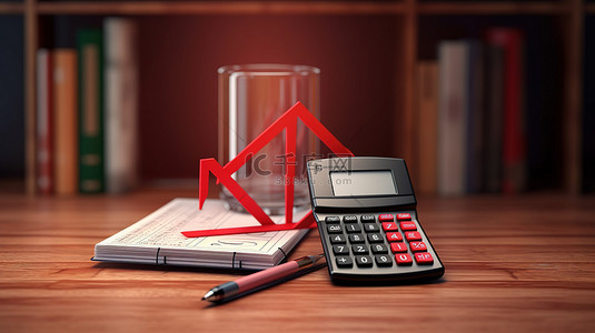 财务工作规划背景图片_木桌计算器笔和带有红色“不”标志的个人管理书上的违禁物品3D 渲染