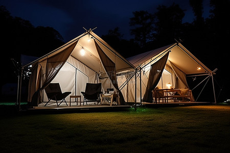 晚上草地上的一个大帐篷，里面有椅子