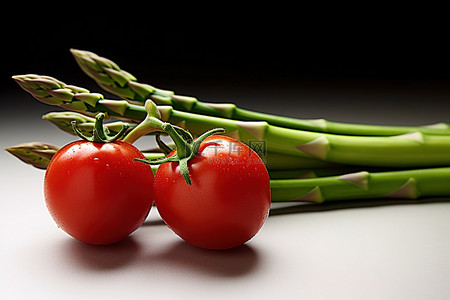 新鲜的绿色蔬菜背景图片_两个绿色蔬菜，一个番茄和芦笋