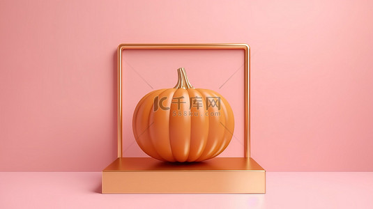 粉红色背景中宣传秋季假期的金框南瓜中心装饰品