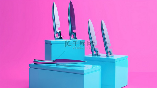 一套蓝色厨师刀，在粉红色背景上以双色调风格展示，具有 3D 效果