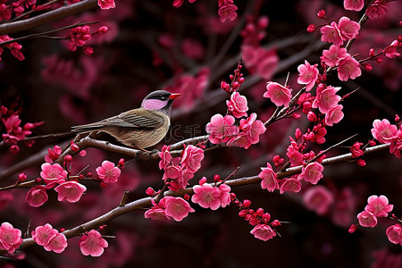 树枝上有粉红色的花朵，周围有一只鸟