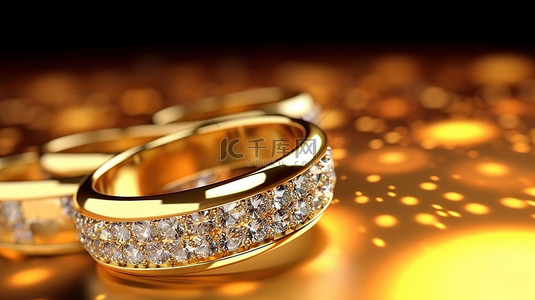 光滑背景上闪闪发光的黄金和钻石戒指的豪华 3D 渲染