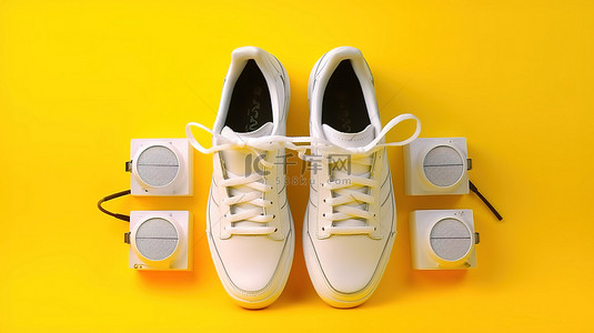 黄色背景与流行文化必需品白色时髦运动鞋乙烯基 lp 音频和视频磁带和 3d 眼镜