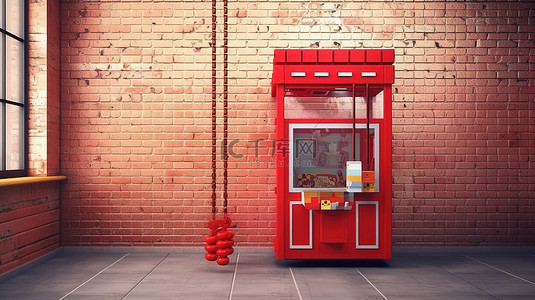街机背景图片_空置的红色玩具爪起重机街机站在 3D 渲染的砖墙前