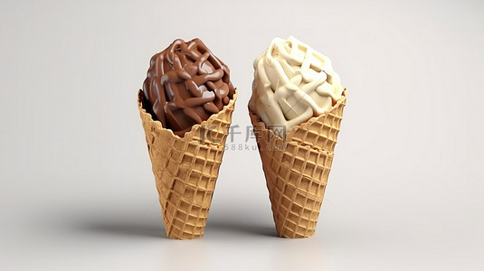 脆皮华夫饼锥体中软冰淇淋巧克力和香草漩涡的 3D 插图
