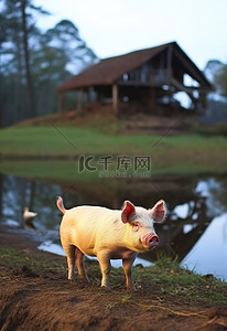 鸡草地背景图片_一头猪和一只鸡站在池塘附近