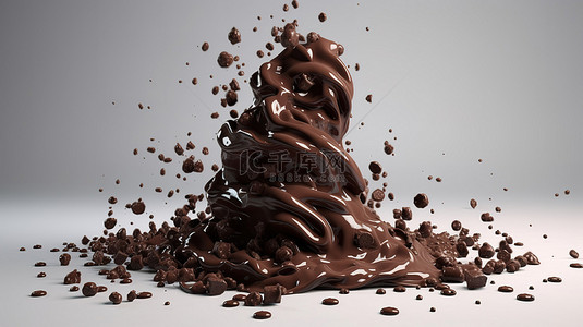 3d 插图扭曲黑巧克力片飞溅