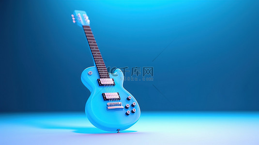 具有抽象设计的蓝色吉他的简约 3D 渲染
