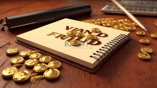 农业金融背景图片_带有金色文本的业务内容的单产农业笔记本和硬币堆的 3D 渲染