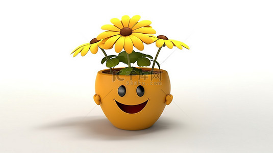 白色背景花盆中微笑的 3D 卡通雏菊花人物