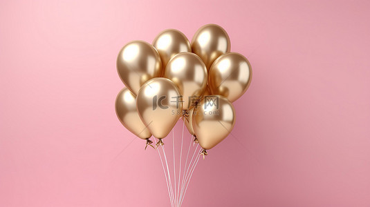 漂浮北京南背景图片_一束金色气球靠在粉红色的墙上 3D 渲染图像
