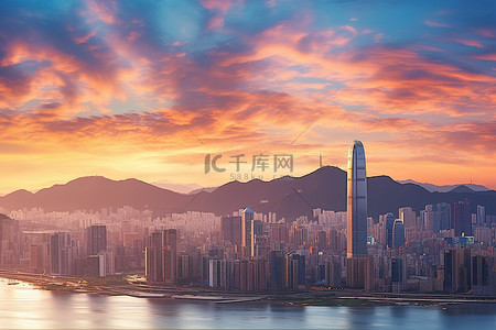 城市日出背景图片_香港城市天际线在日落天空的多彩阴影下 蓝天 蓝天 蓝天