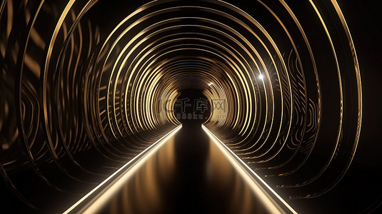 反射纹理背景图片_时尚现代的 3D 渲染隧道房间，采用深黑色和丰富的金色色调，由反射照明和弧形地板设计照亮
