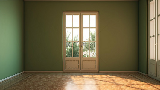 门绿色背景图片_橄榄色围墙房间的详细 3D 渲染，窗户和门非常接近