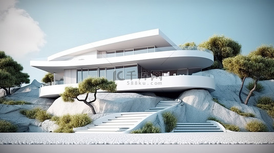 极简主义的房屋设计巧妙地以 3D 方式渲染，周围风景优美的自然环境