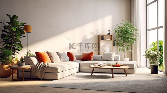 休息区温馨提示背景图片_宽敞时尚的客厅的 3D 渲染，配有转角沙发和休息区