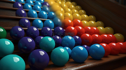 各种颜色和尺寸的 3D 球滚下台阶