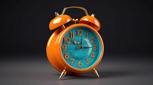 黑色背景下橙色和蓝色闹钟的充满活力的 3D 插图