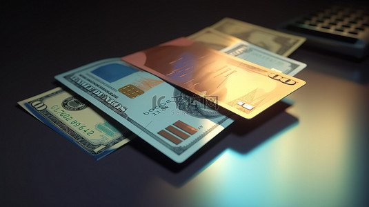个人银行账户和信用卡以及 3d 货币的插图
