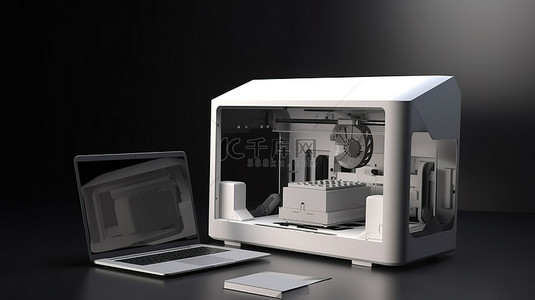 电子产品中背景图片_空屏笔记本电脑与 3D 渲染中的 3D 打印机配对
