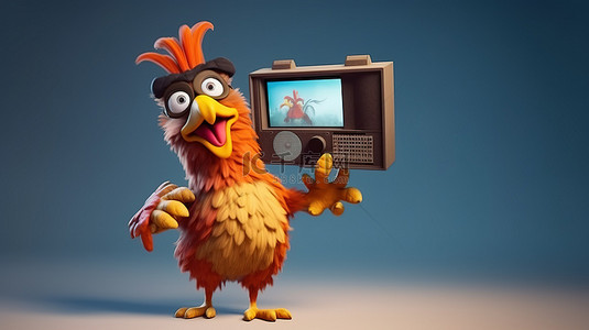 有趣的 3D 鸡卡通挥舞着标志和微型电视