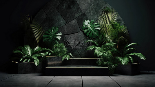 黑色背景上装饰有热带植物和绿色花岗岩的几何讲台的 3D 渲染