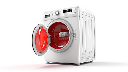 快递商背景图片_光滑的白色洗衣机，在 3D 干净的白色表面上装饰着大胆的红色降落伞