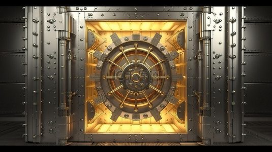 发光金库背景图片_发光的金光透过打开的银色金属银行金库门 3D 渲染