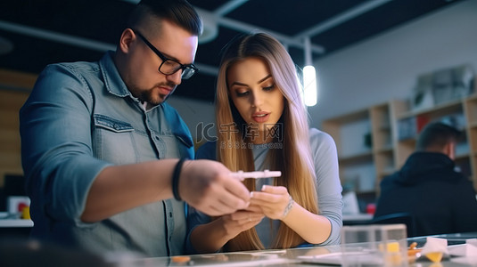 安慰同事背景图片_一位熟练的女设计师与同事一起用尺子测量 3D 打印物品的尺寸