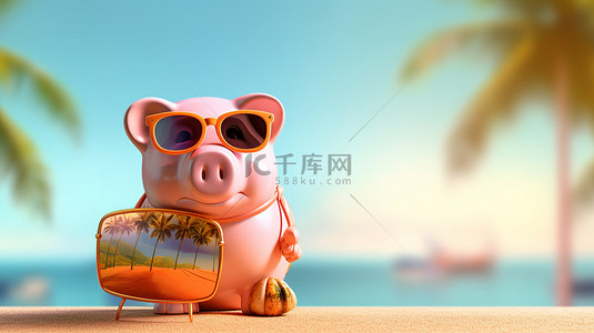 炎热背景图片_带有太阳镜和充气火烈鸟的存钱罐的 3D 渲染，完美的旅行储蓄伴侣
