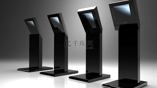 不同角度的黑色液晶亭代表贸易展览摊位 3D 渲染