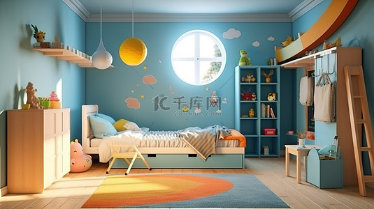 舒适家具背景图片_家庭或公寓中舒适卧室或儿童房的 3D 渲染