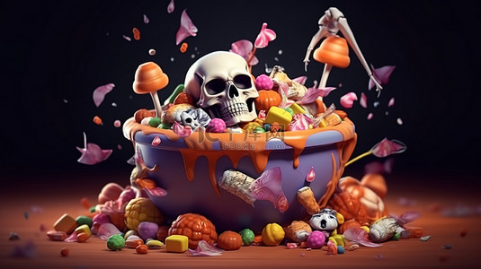 怪异的万圣节 3D 渲染彩色糖果头骨骨头和女巫的大锅帽子