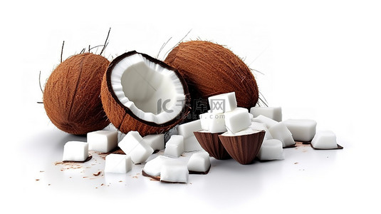 新鲜水果白色背景图片_白色背景上的椰子巧克力，3D 渲染