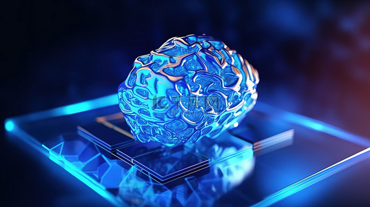 代表人工智能和机器学习概念的模糊背景上蓝色多边形全息大脑的 3D 渲染