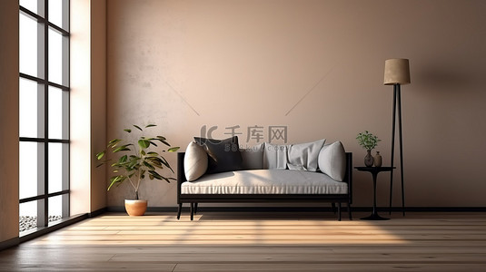 单人简约沙发背景图片_简约的室内设计单人沙发靠在空墙上的 3D 渲染