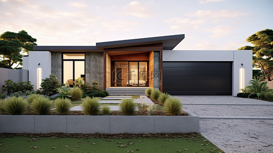 灰色背景的当代车库附设澳大利亚住宅，非常适合房地产或投资目的 3D 渲染