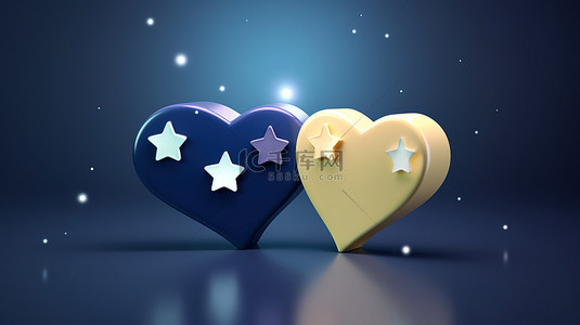 浪漫的 3D 心形图标，带有闪闪发光的星星双圆角方形语音气泡和现实的爱情信息