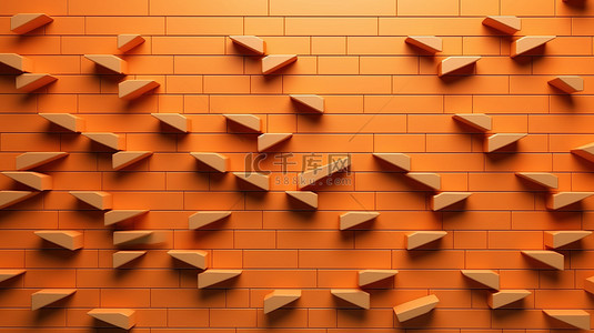 充满活力的 3D 渲染抽象橙色背景与箭头设计墙