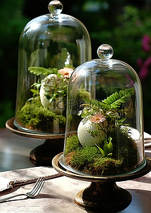 两个带装饰植物的玻璃容器玻璃钟